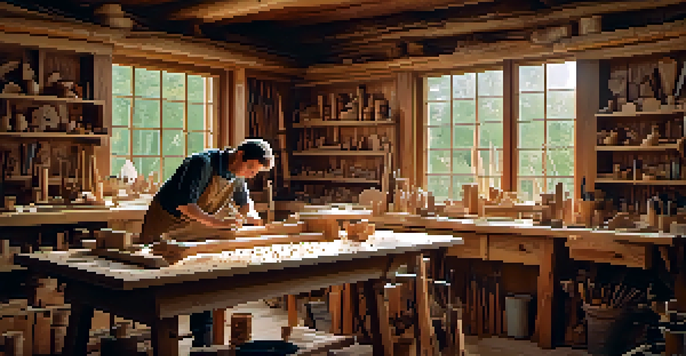 A woodworker in a bright workshop, creating a wooden sculpture with tools and wood shavings around.