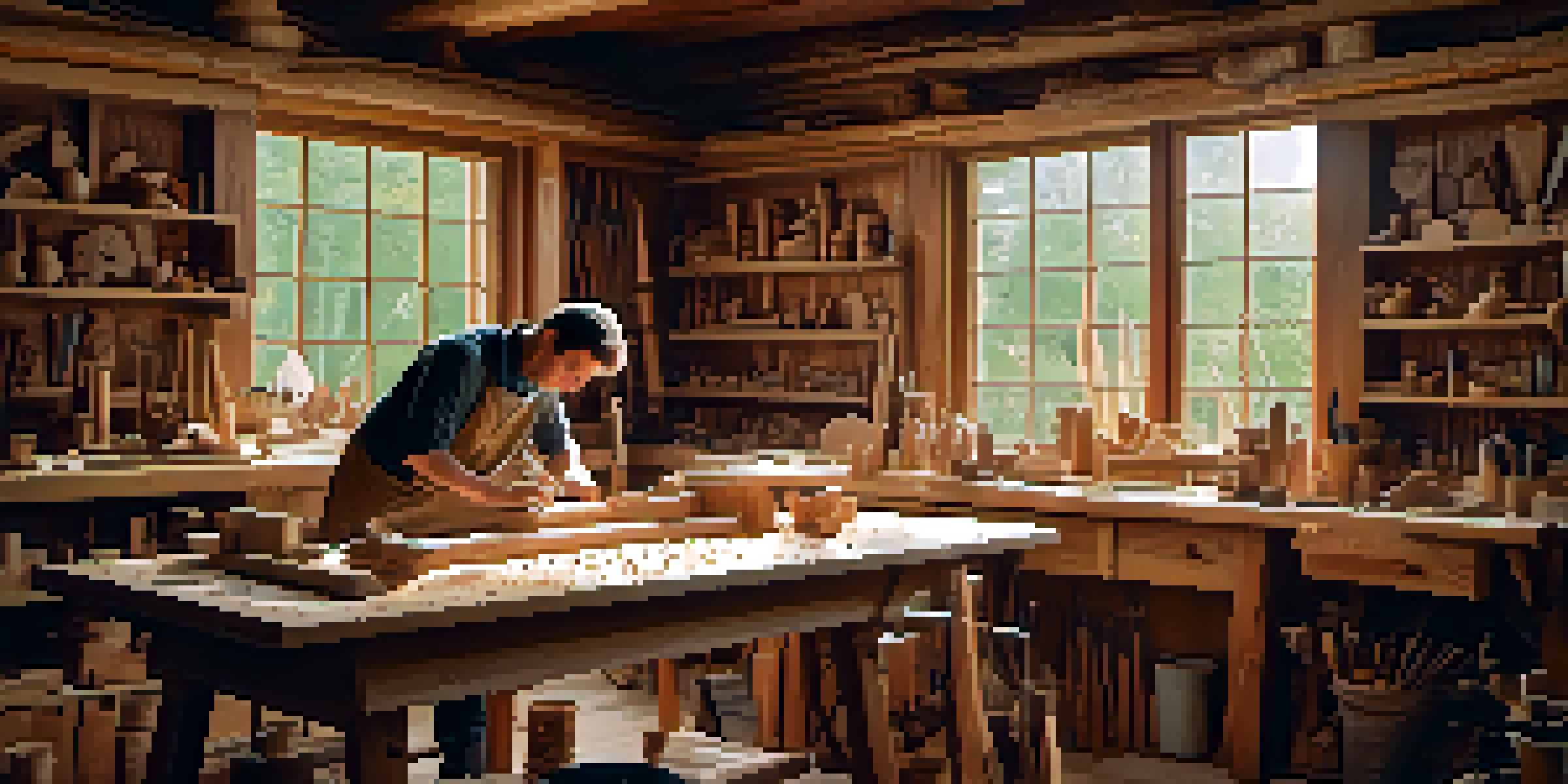 A woodworker in a bright workshop, creating a wooden sculpture with tools and wood shavings around.