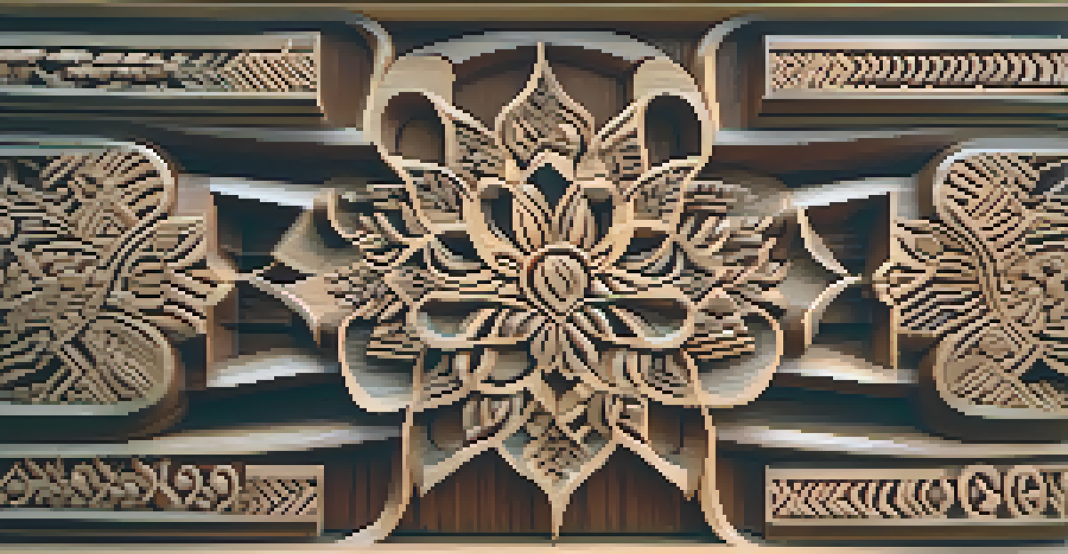 A close-up of an intricately carved wooden piece from Bali, with visible wood textures and a blurred tropical garden background.