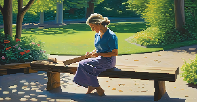 A woman carving wood on a bench in a sunlit park surrounded by greenery and flowers.