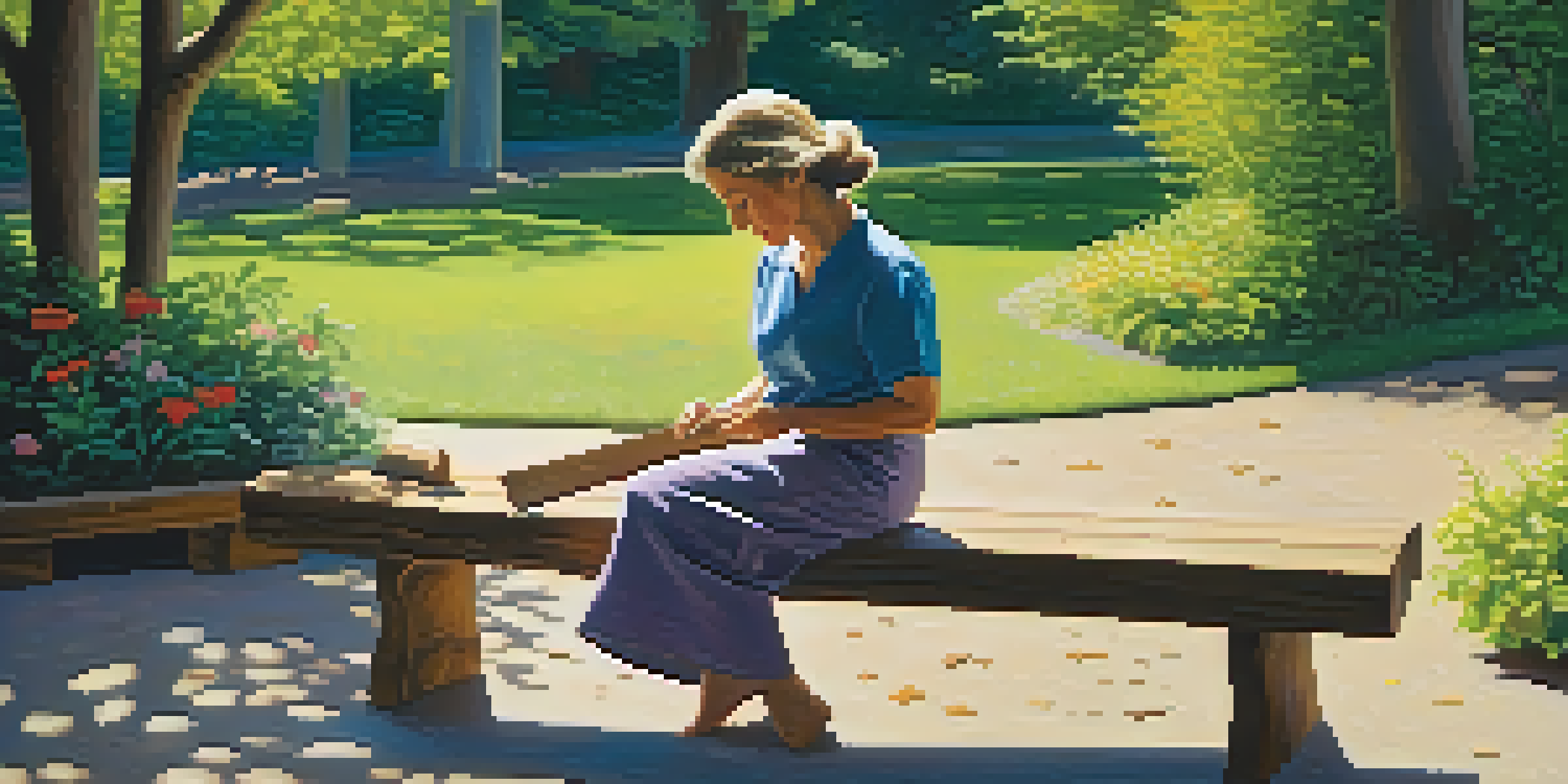 A woman carving wood on a bench in a sunlit park surrounded by greenery and flowers.