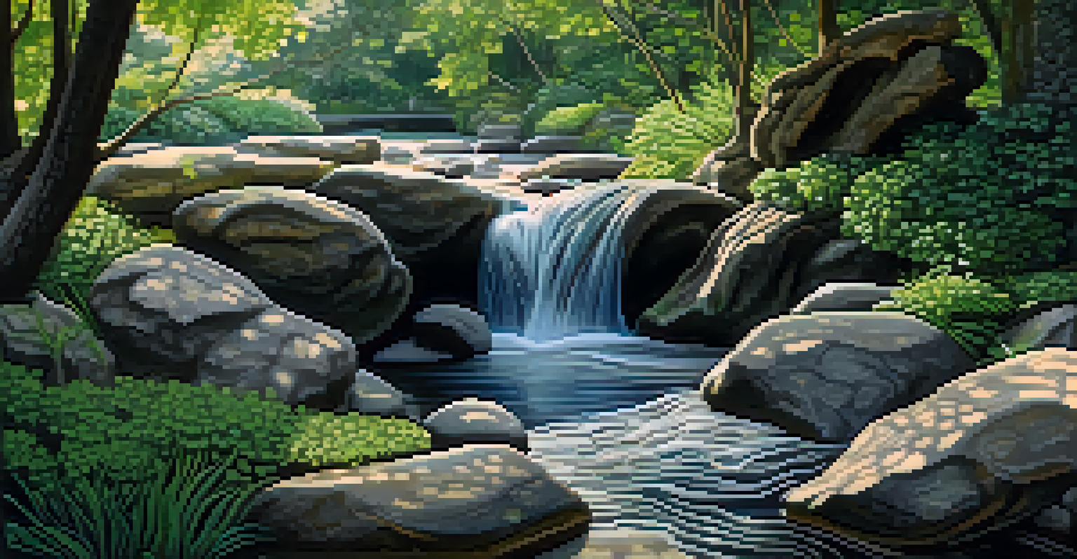 A stone carving of a river displayed in a tranquil garden, surrounded by greenery and dappled sunlight.