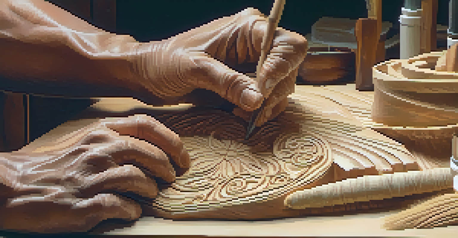 Close-up of an artist's hands carving a wooden sculpture, showcasing detailed tools and wood grain.