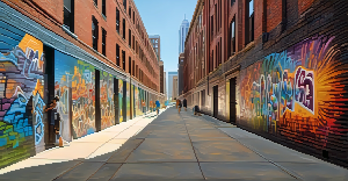 A colorful mural corridor in a city alley, with various artistic designs and pedestrians enjoying the artwork.