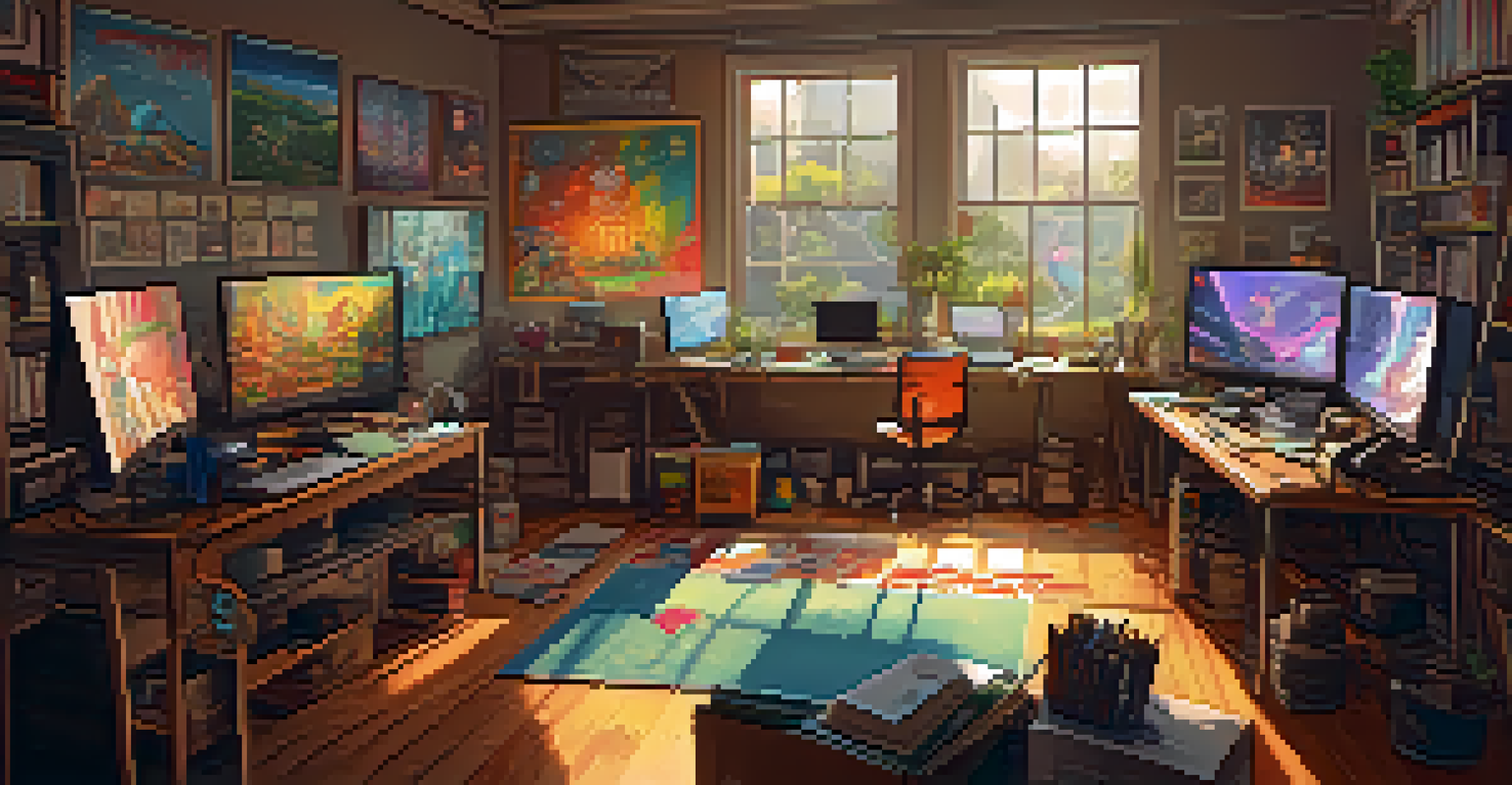 An indie game development studio with artists working on sketches and pixel art, illuminated by sunlight.