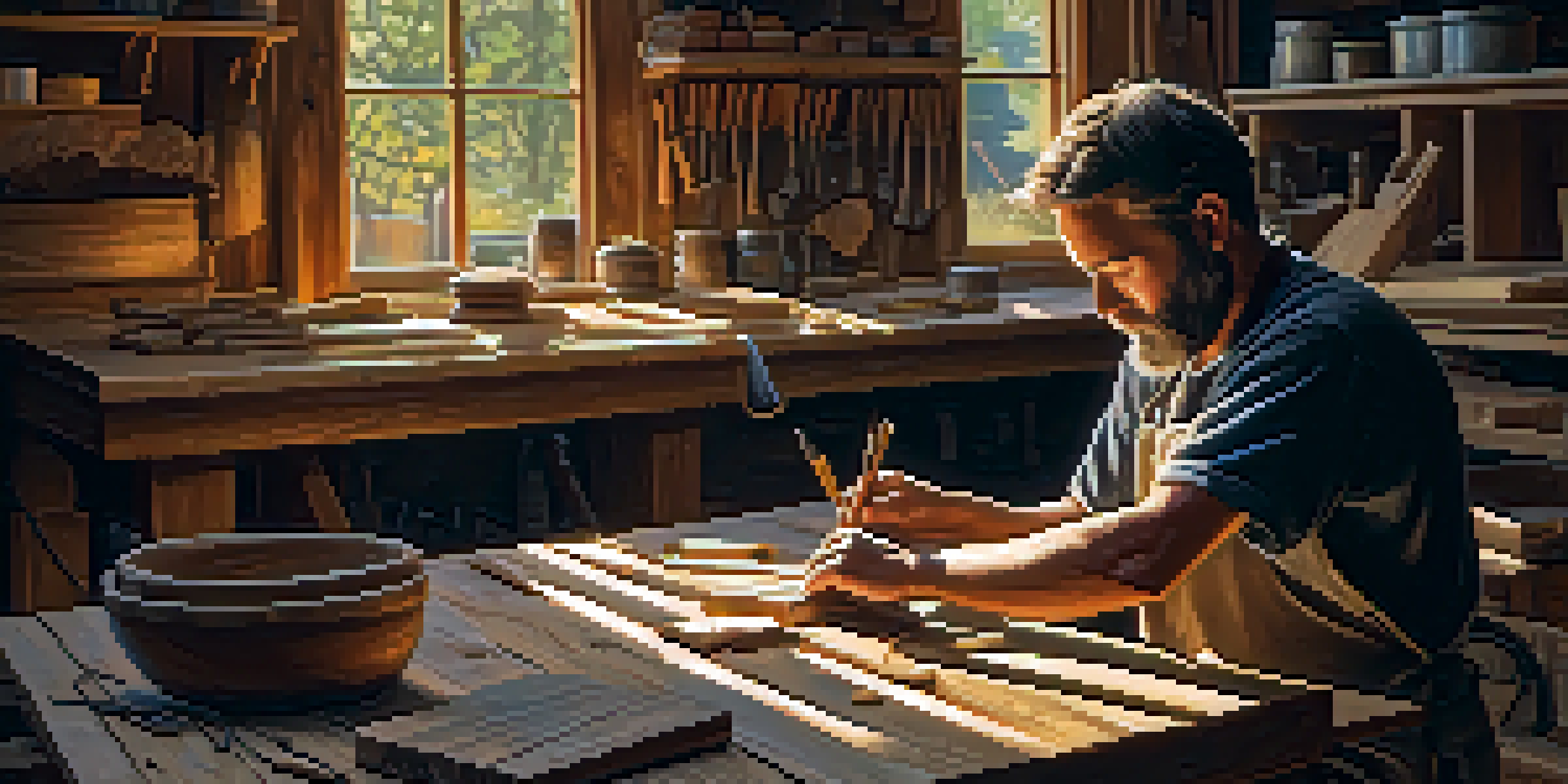 An artisan in a workshop carving reclaimed wood, surrounded by tools and natural light.