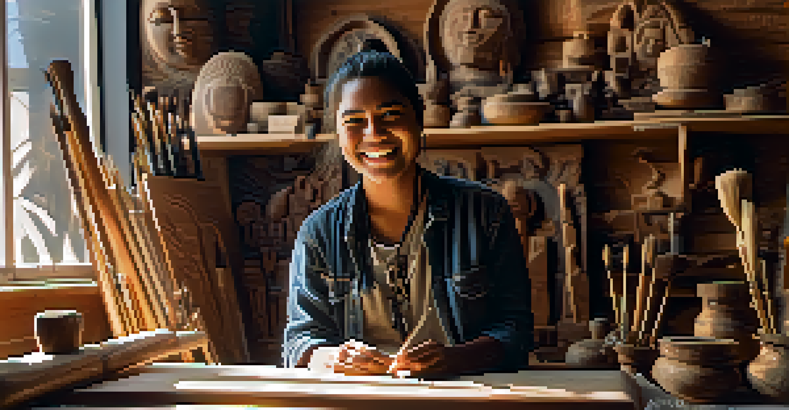 A young Indigenous artist in a workshop holding a carved piece, surrounded by tools and artworks.