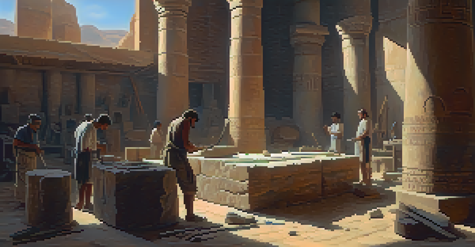 An ancient Egyptian workshop with sculptors carving granite blocks, illuminated by natural light, showcasing tools and materials.