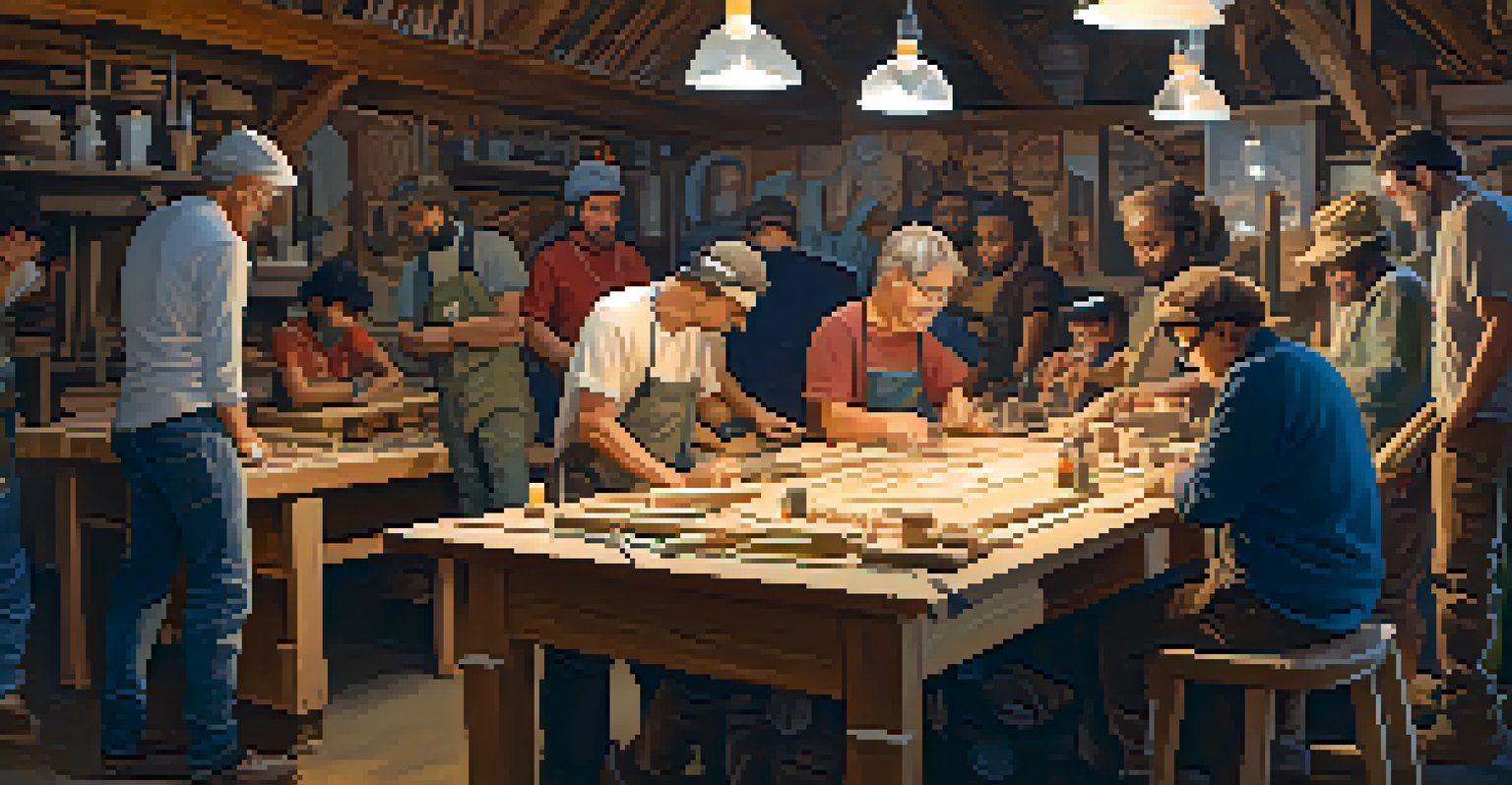 A diverse group of artists in a workshop sharing techniques while carving, with tools and materials around them.