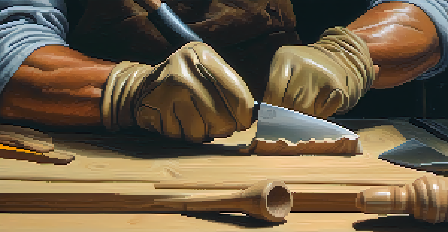 Close-up of gloved hands expertly carving wood with a knife, emphasizing safe carving techniques and craftsmanship.