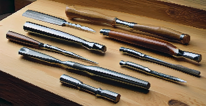 A variety of carving chisels displayed on a wooden workbench, with natural light illuminating their sharp edges and wooden handles.