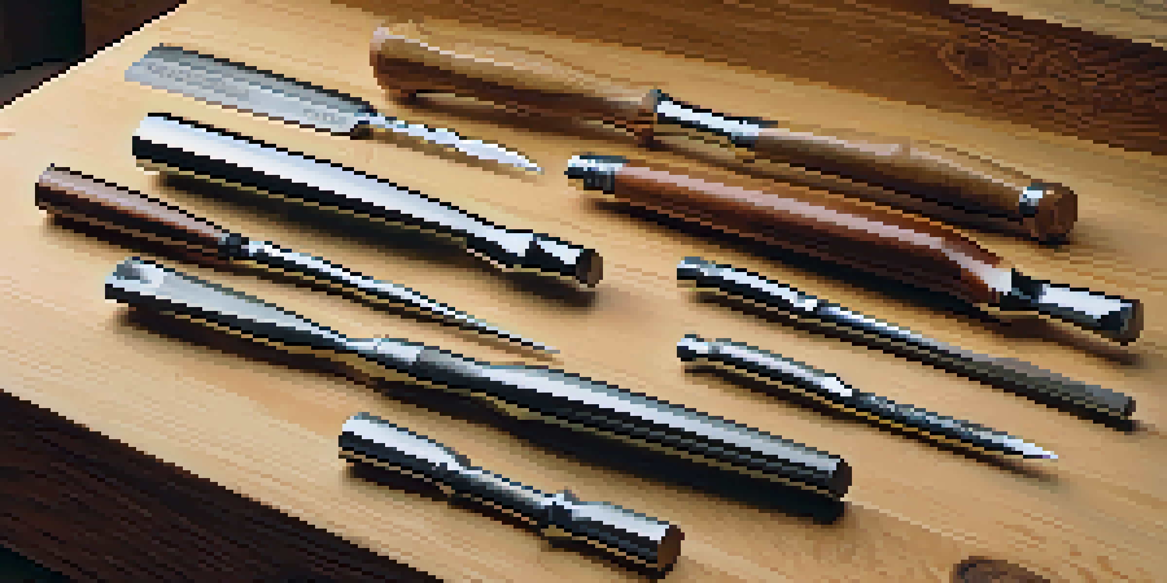 A variety of carving chisels displayed on a wooden workbench, with natural light illuminating their sharp edges and wooden handles.