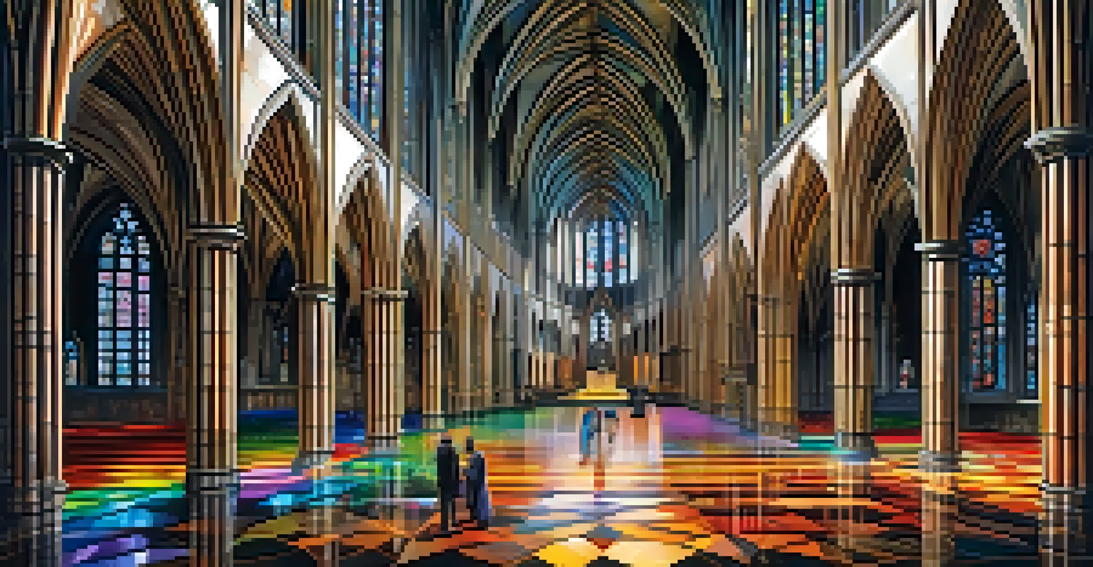The interior of a Gothic cathedral showcasing ribbed vaults, carved columns, and vibrant stained glass windows.