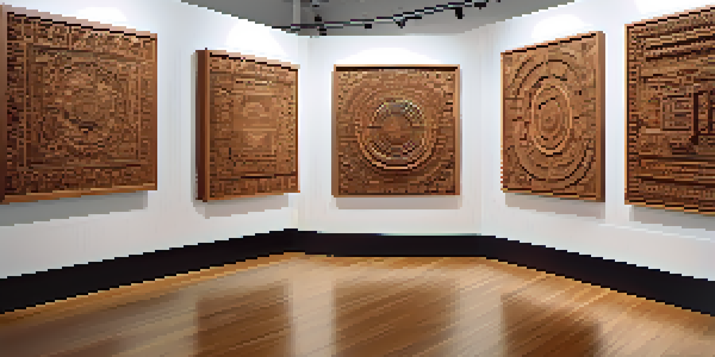 A gallery displaying wooden carvings with warm tones against cool white walls, where viewers interact with the art.
