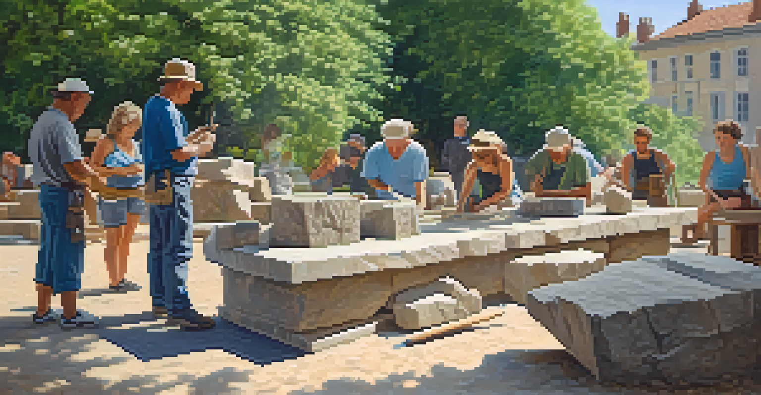 An outdoor stone carving scene with a sculptor chiseling a large block of stone in a green environment, surrounded by onlookers.