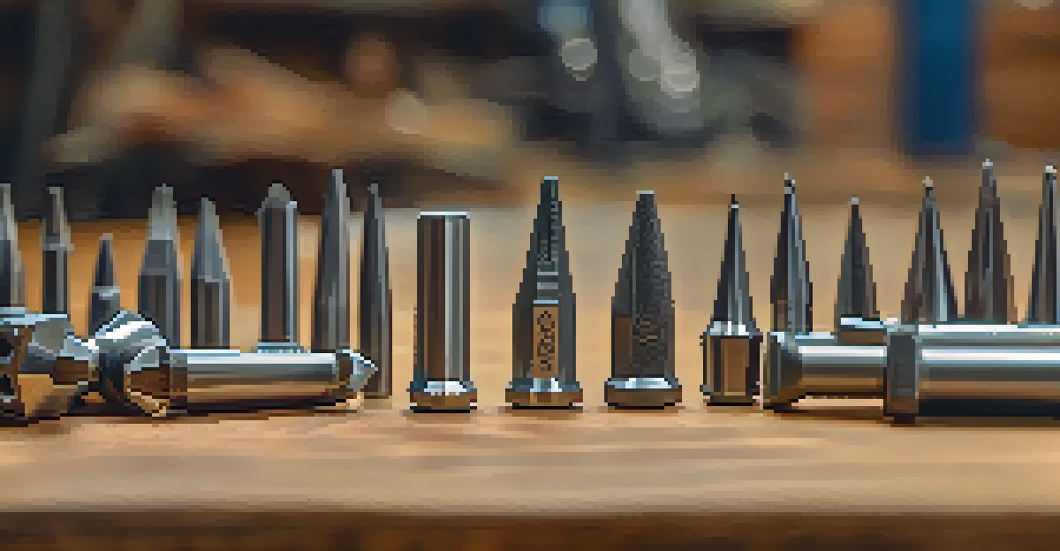 A close-up view of various router bits on a wooden surface, showcasing different shapes and sizes in a blurred workshop background.
