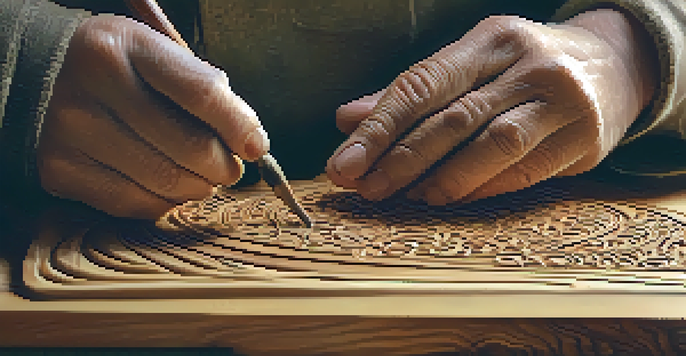 A close-up of hands carving intricate patterns into cherry wood, with various carving tools on a wooden workbench and warm light coming through a window.