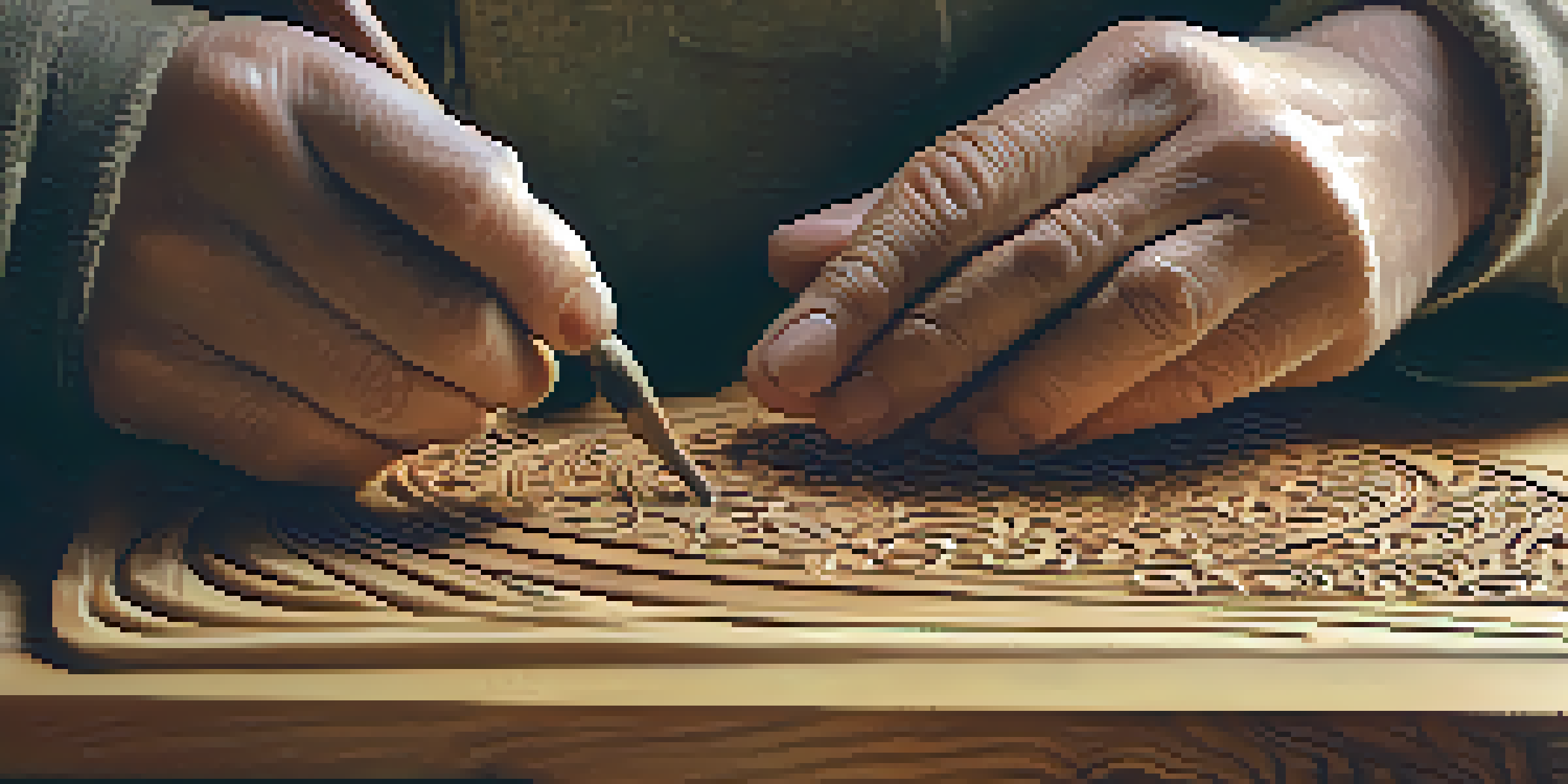 A close-up of hands carving intricate patterns into cherry wood, with various carving tools on a wooden workbench and warm light coming through a window.