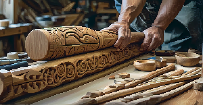 A close-up view of an artisan carving a wooden totem pole with intricate details, surrounded by tools in a bright workshop.