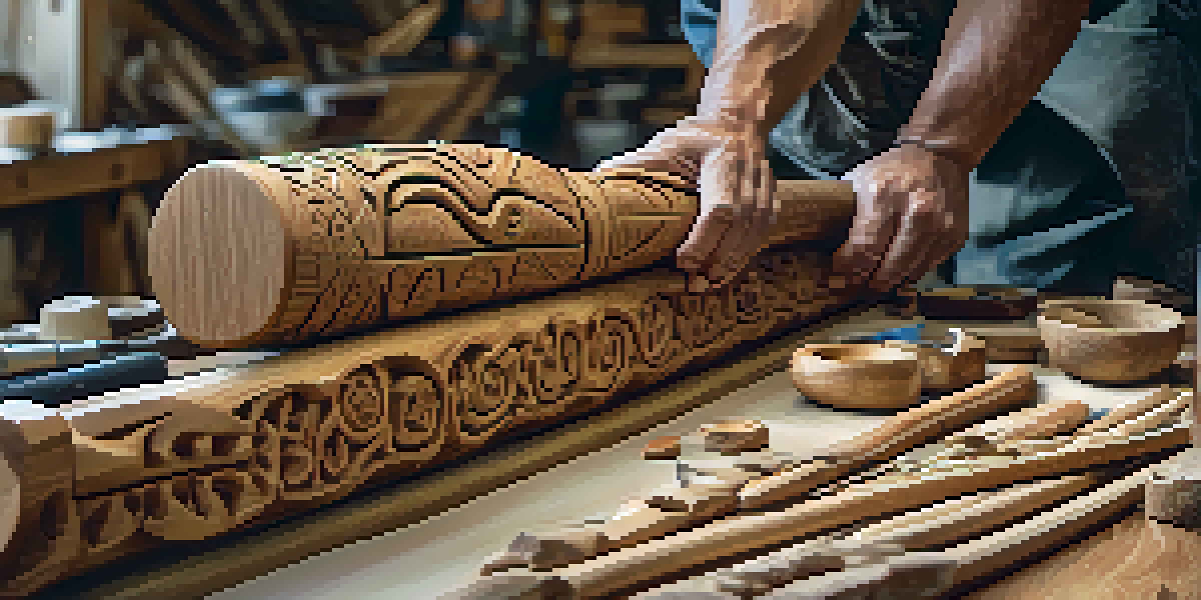 A close-up view of an artisan carving a wooden totem pole with intricate details, surrounded by tools in a bright workshop.