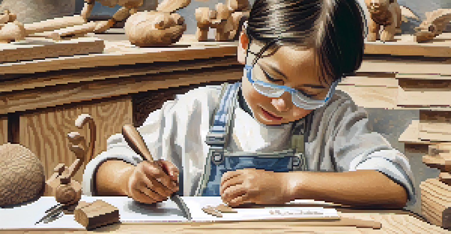 A child engaged in wood carving, wearing safety gear and surrounded by design sketches.