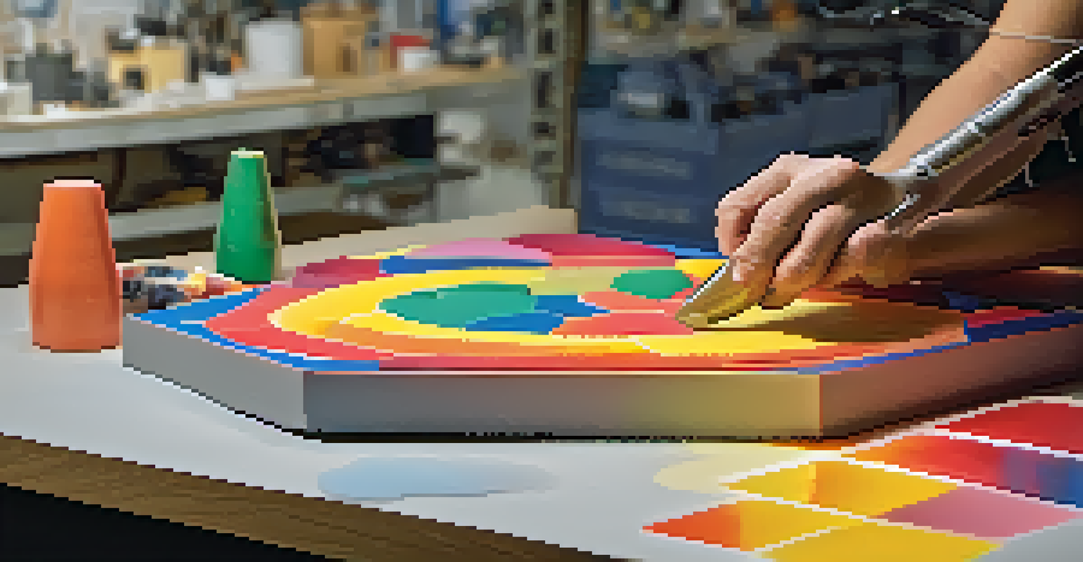 An artist working on a foam prop using a rotary tool, with various colorful foam materials and tools visible in a well-lit workshop.