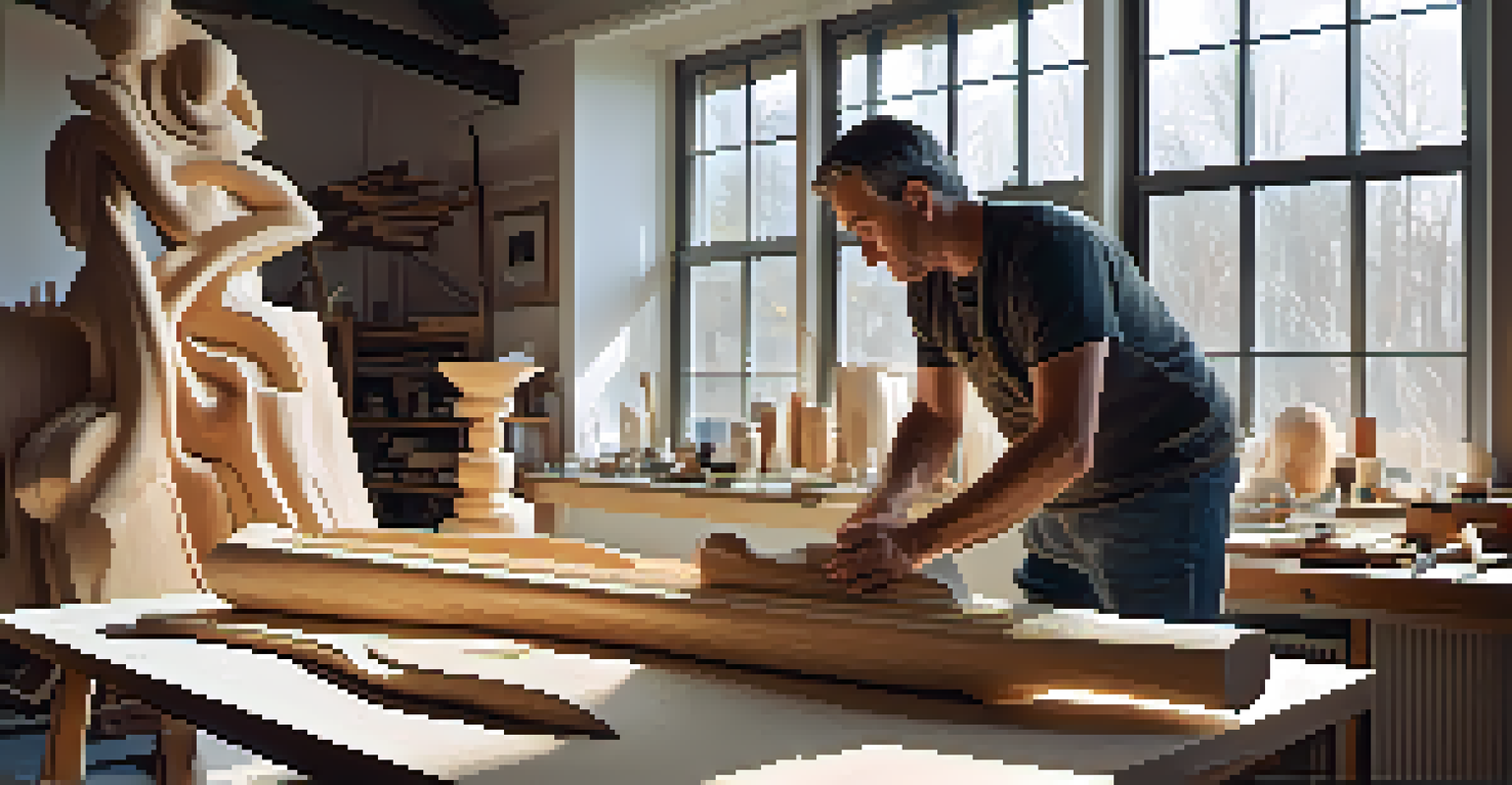 An artist in a studio creating a large wooden sculpture that combines traditional and modern carving techniques, with tools and materials around them.