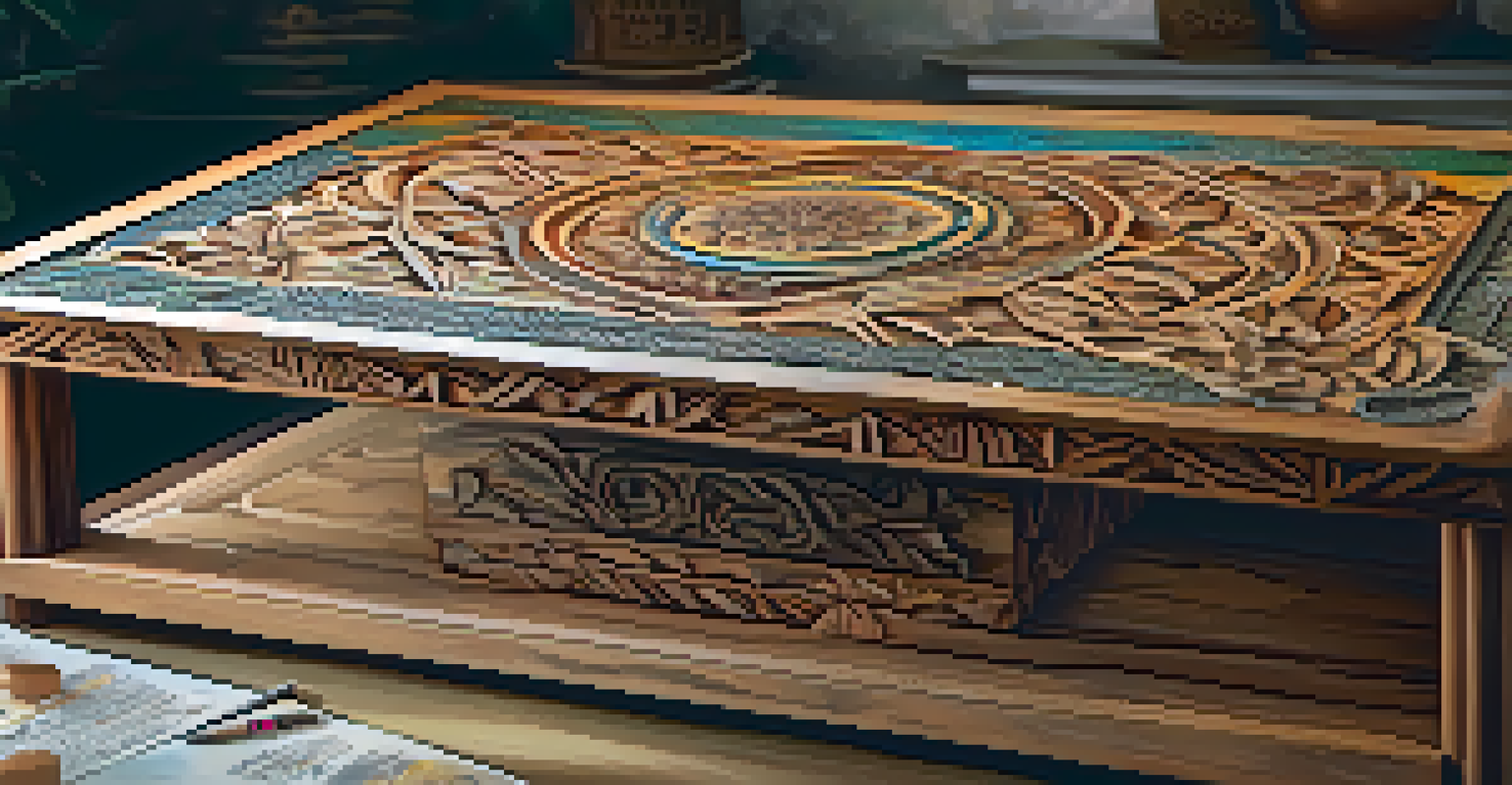A finished wooden carving with floral and geometric patterns on a rustic table with colorful paints around it.