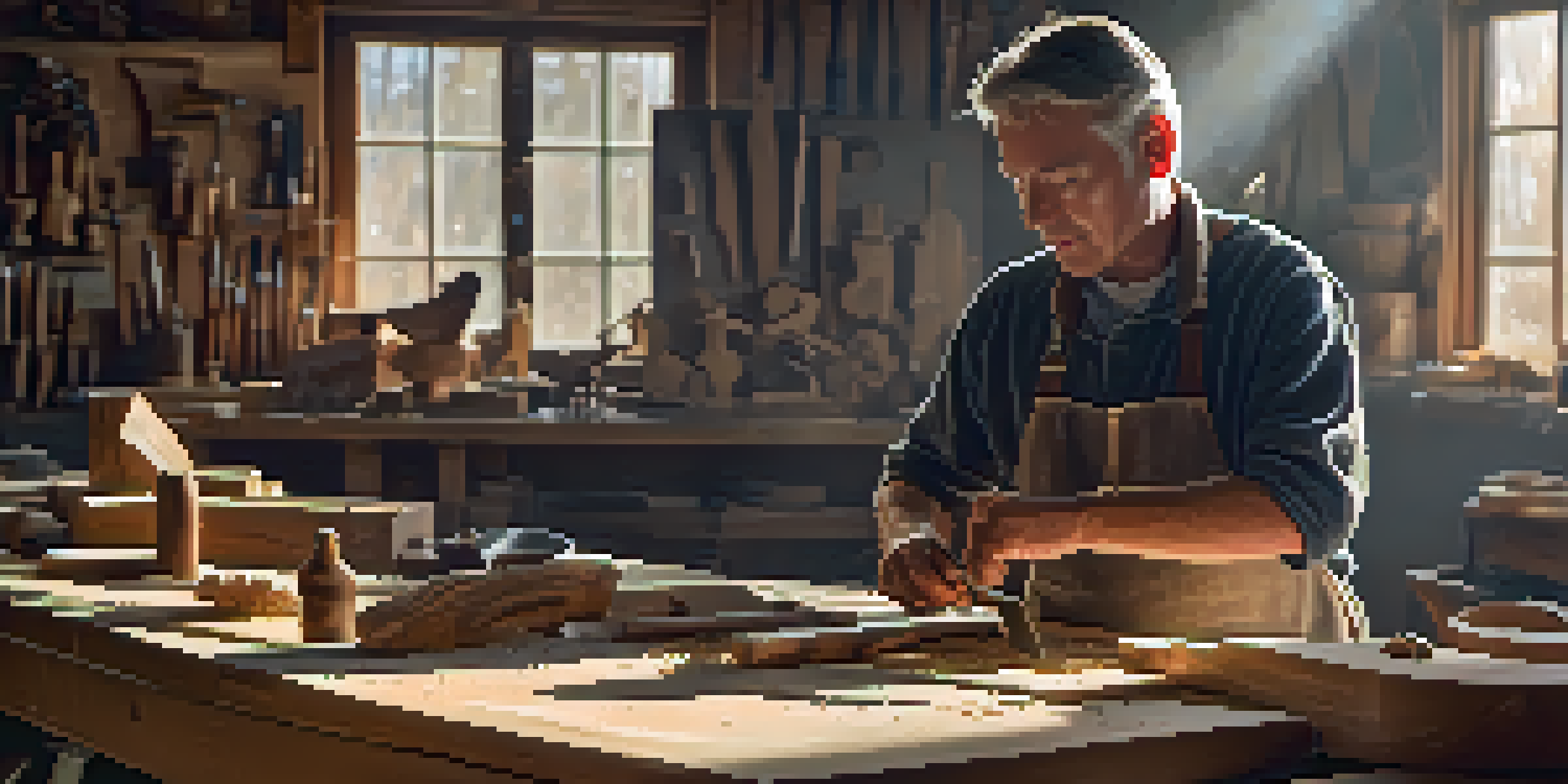 An artisan carving wood in a bright workshop, surrounded by tools and sculptures, with sunlight illuminating the scene.