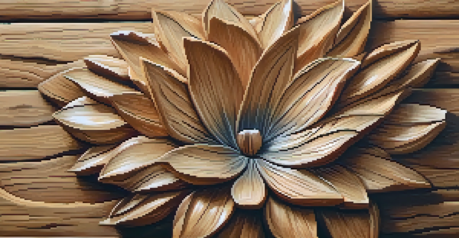 A close-up of a carved flower against rough bark, with polished petals contrasting the textured background.