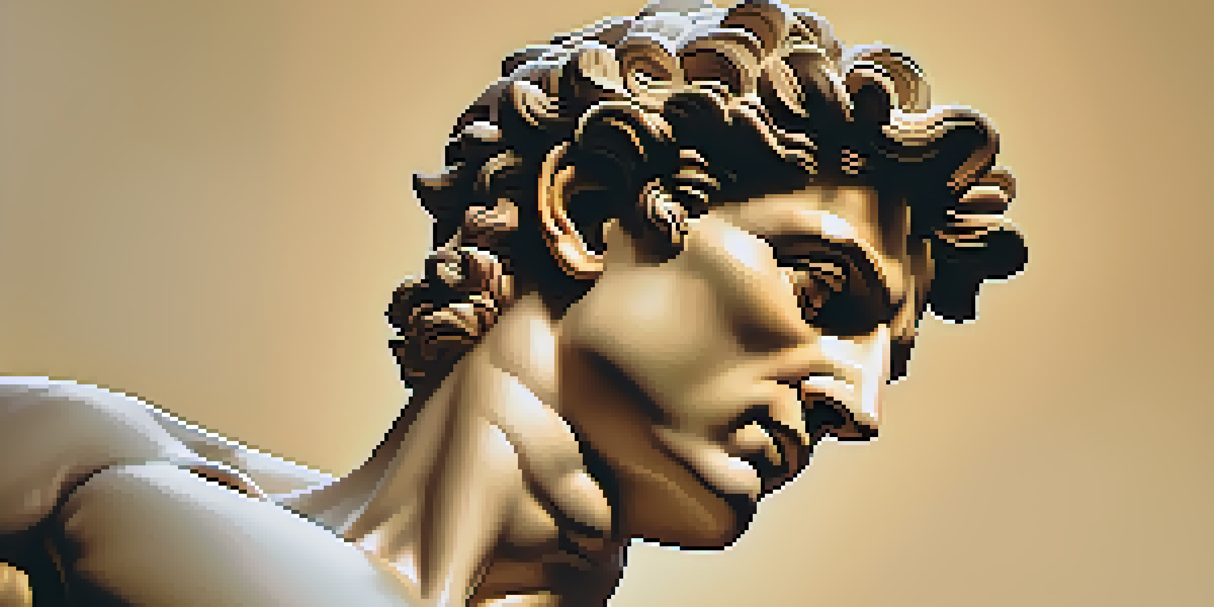 A detailed close-up of Michelangelo's sculpture of David, highlighting the muscles and textures of the marble, with a blurred Florence skyline in the background.