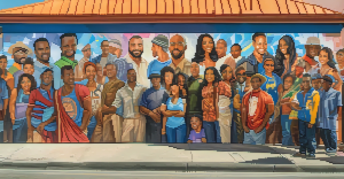 A colorful mural showcasing local heroes in an urban environment, with diverse people admiring the artwork under warm sunlight.
