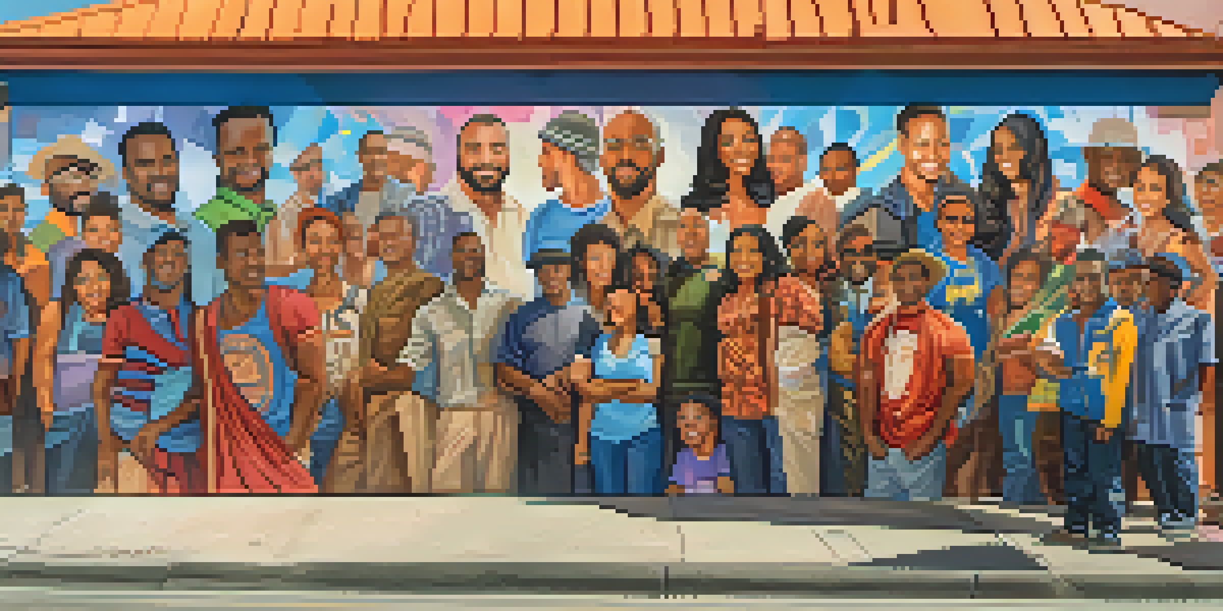A colorful mural showcasing local heroes in an urban environment, with diverse people admiring the artwork under warm sunlight.