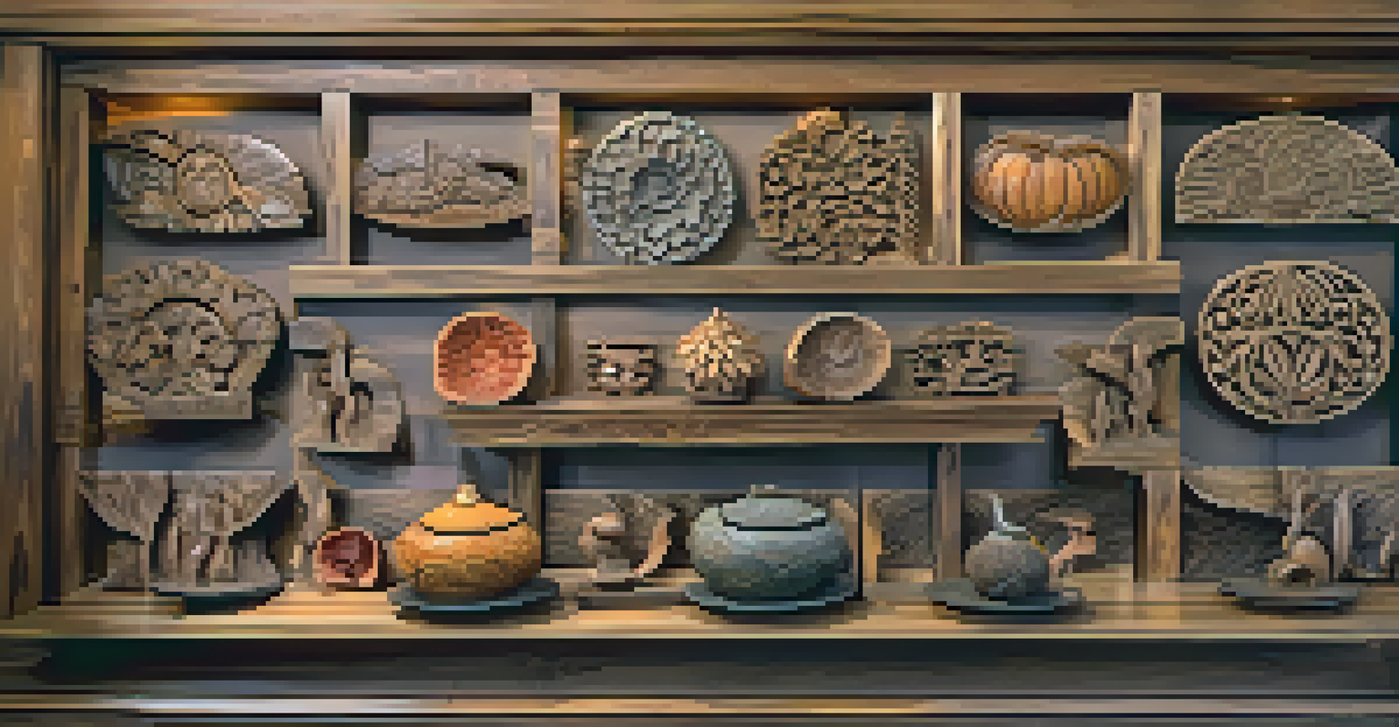 A collection of handcrafted carvings on a rustic table, showcasing different textures and colors in warm natural light.