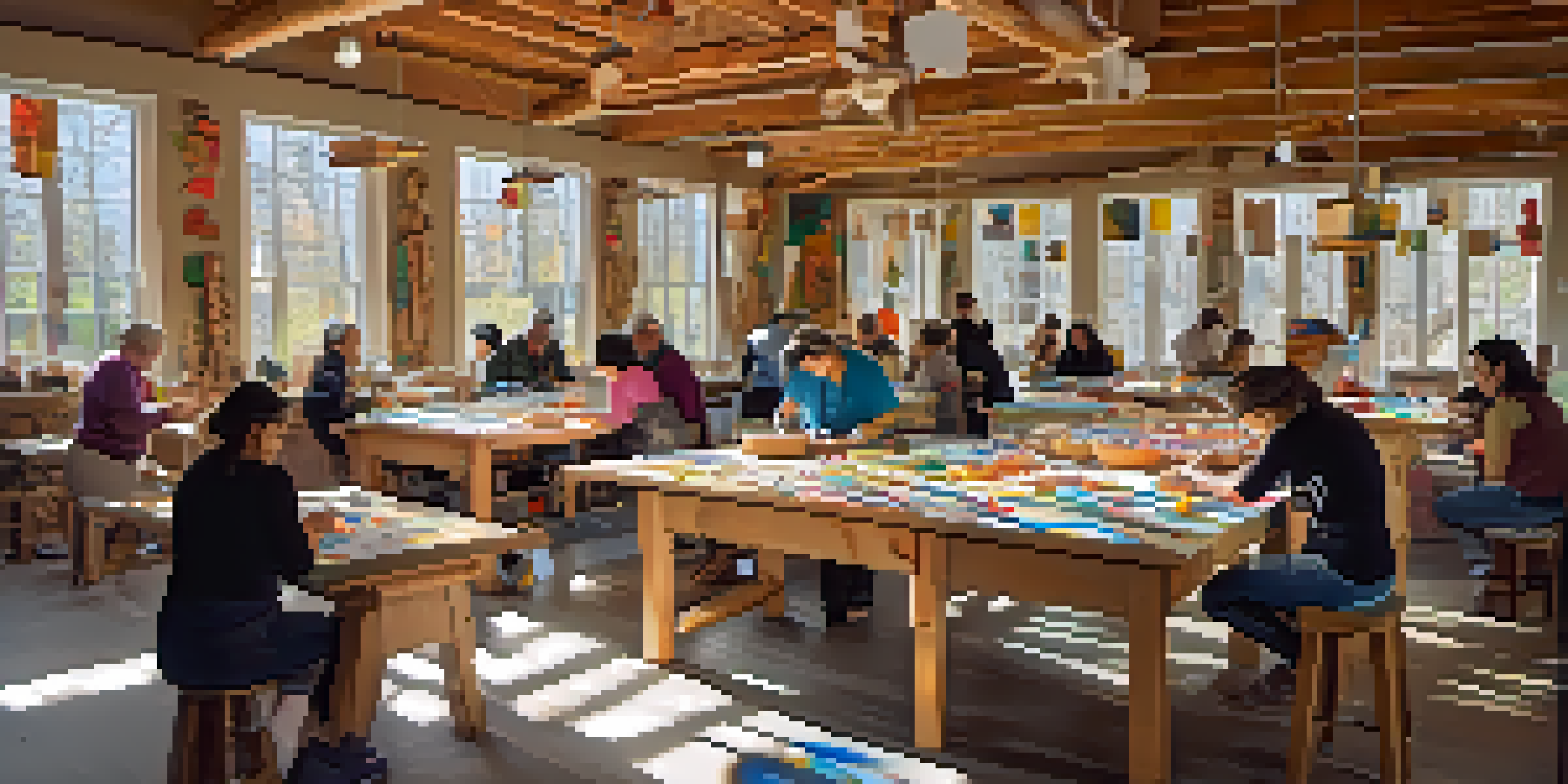 A community art workshop with diverse individuals working on relief carving, surrounded by colorful tools and art pieces.
