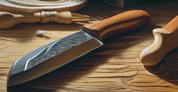 A close-up of a hand carving a wooden prop, highlighting the texture of the wood and the carving tool.