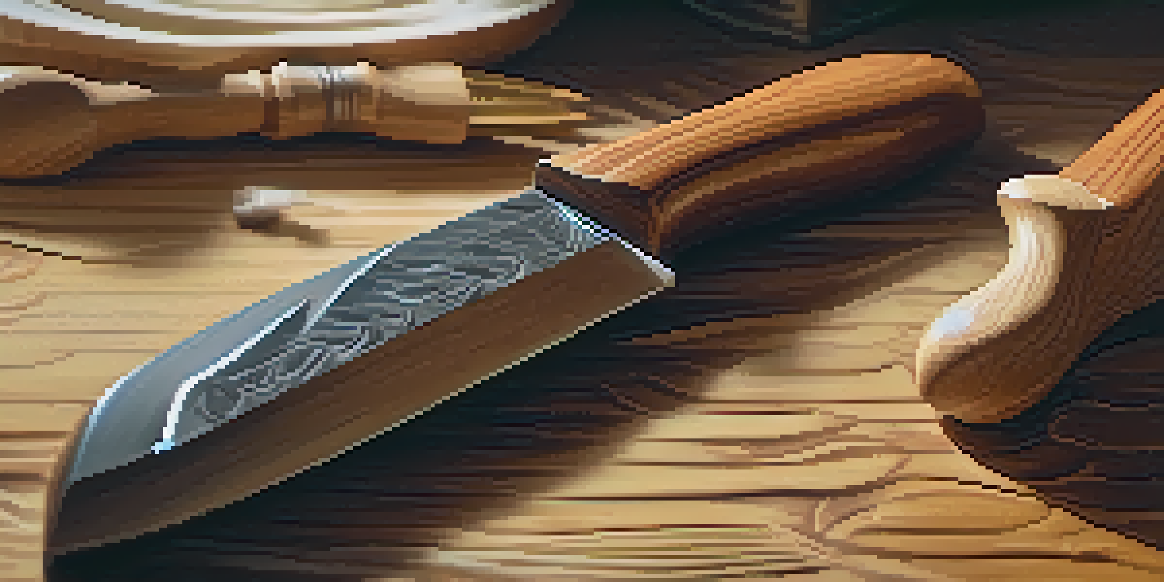 A close-up of a hand carving a wooden prop, highlighting the texture of the wood and the carving tool.