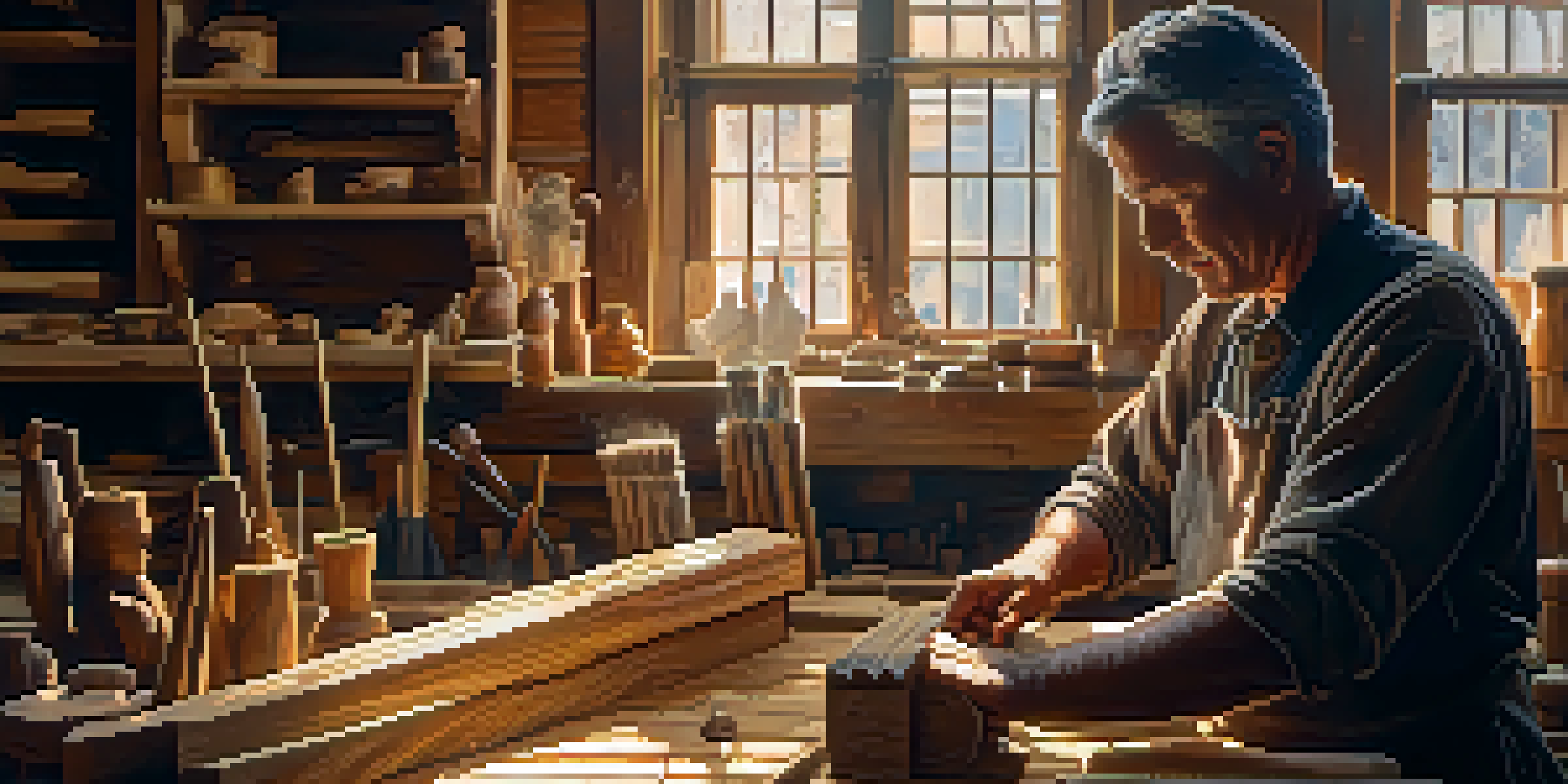 An artisan carving a wooden statue, showcasing their hands and tools in a sunlit workshop filled with wood shavings.