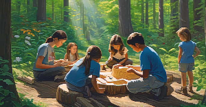 A diverse group of people carving wood in a peaceful forest setting, surrounded by greenery and sunlight.
