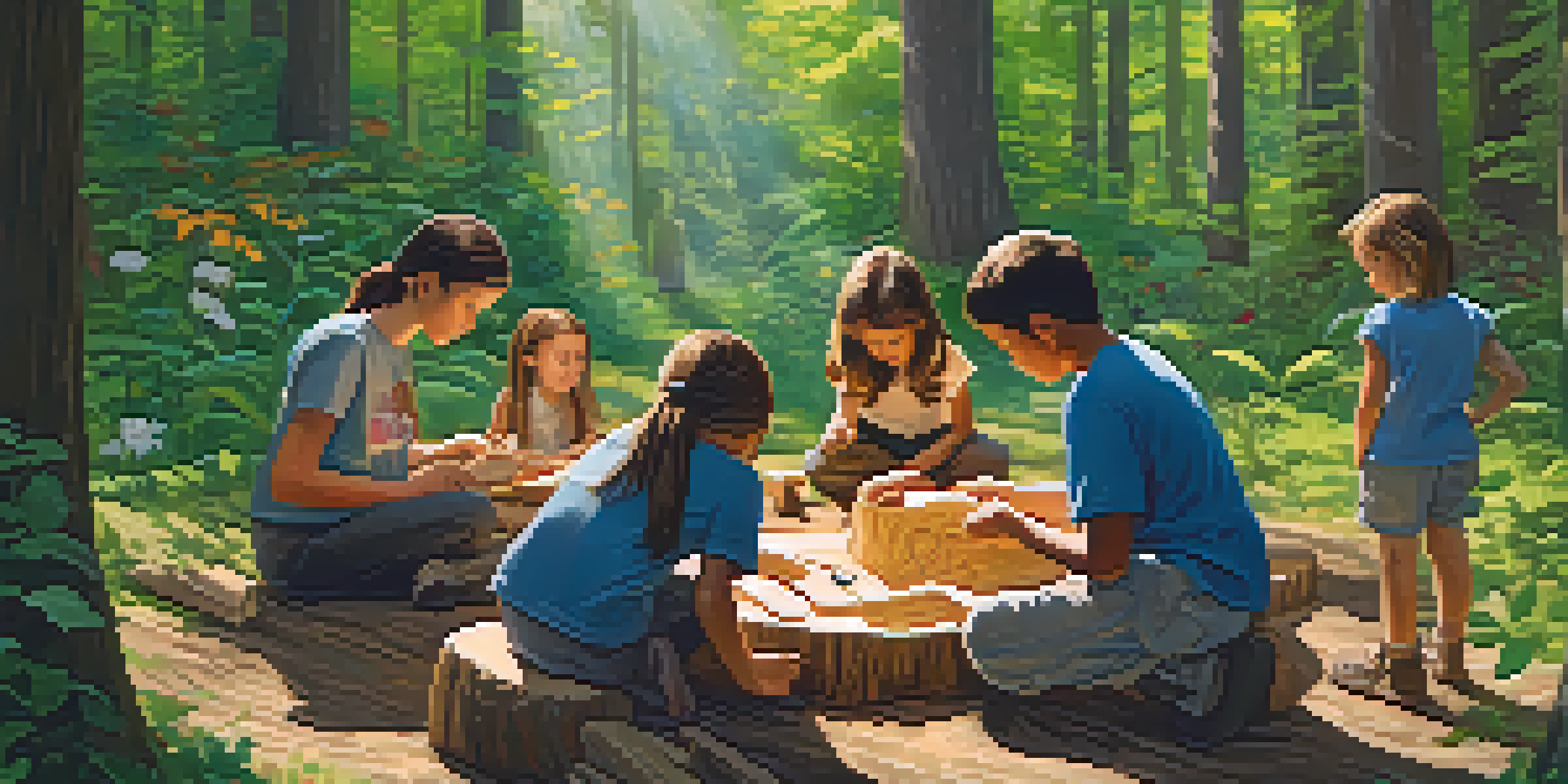 A diverse group of people carving wood in a peaceful forest setting, surrounded by greenery and sunlight.