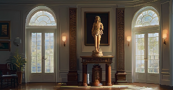 A serene room featuring a detailed wooden statue on display with humidity control devices in the background.