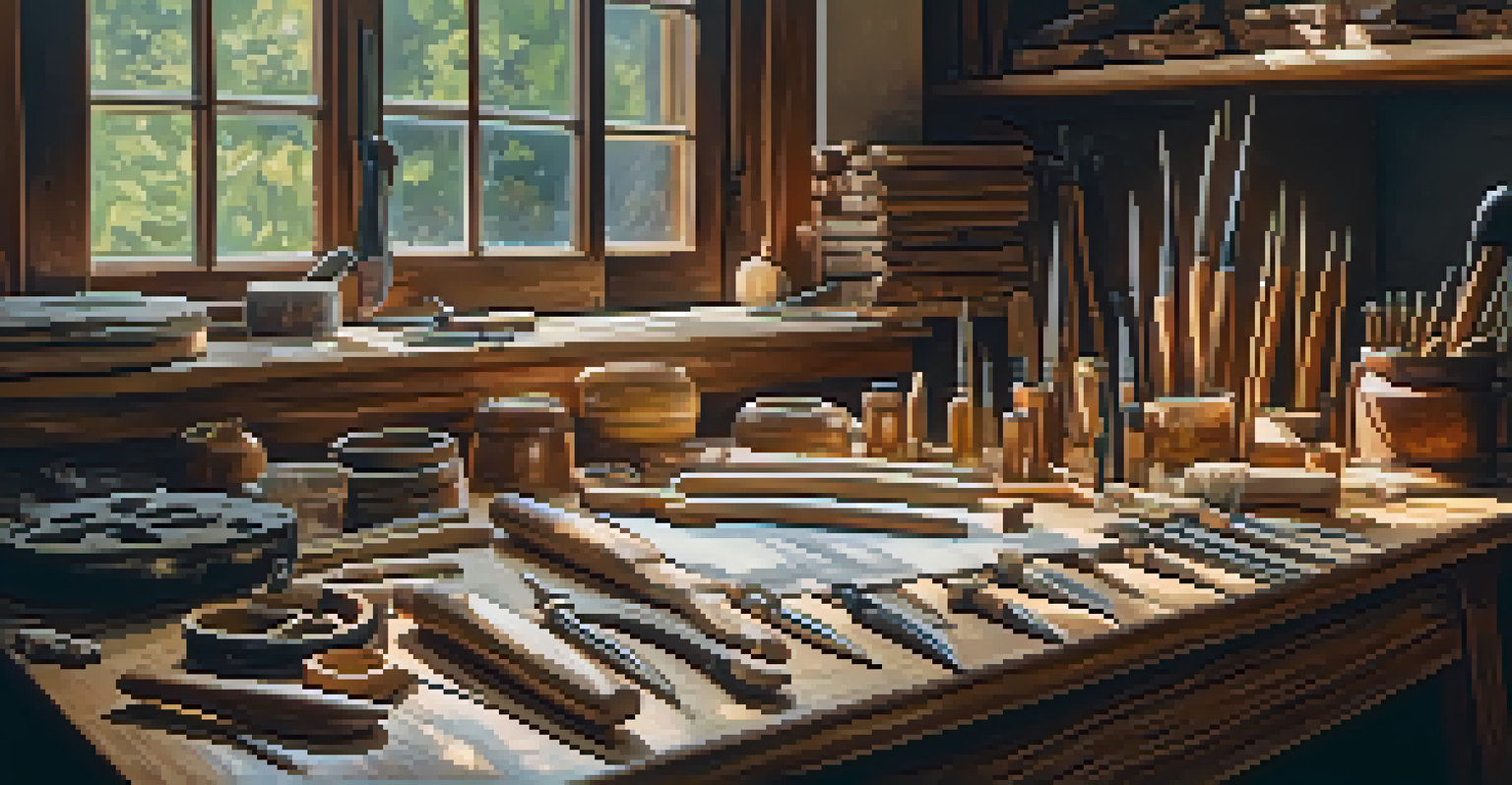A wooden table displaying essential wood carving tools and wood shavings, illuminated by natural light from a window.