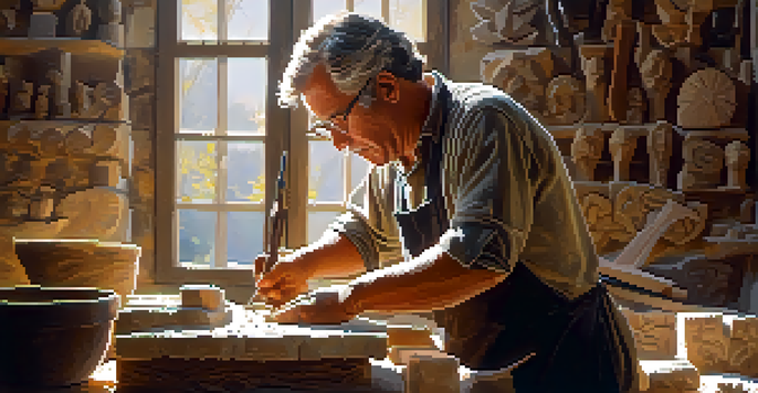 An artisan chiseling a stone sculpture in a sunlit workshop, surrounded by traditional tools.