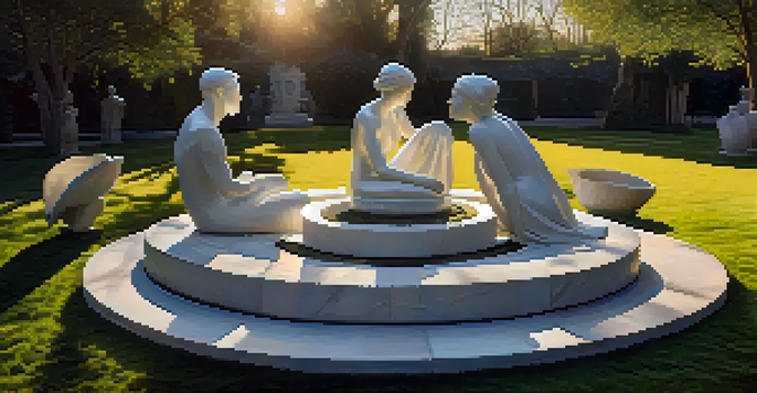 An outdoor sculpture garden filled with classical and contemporary sculptures illuminated by golden sunlight, highlighting their intricate details and textures.