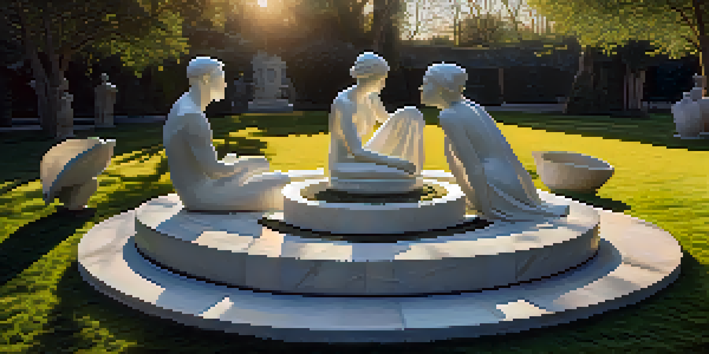 An outdoor sculpture garden filled with classical and contemporary sculptures illuminated by golden sunlight, highlighting their intricate details and textures.