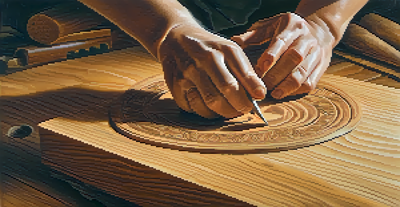 Close-up of hands carving a detailed wooden piece, showcasing the texture of the wood and the tools used, with a calm lighting atmosphere.