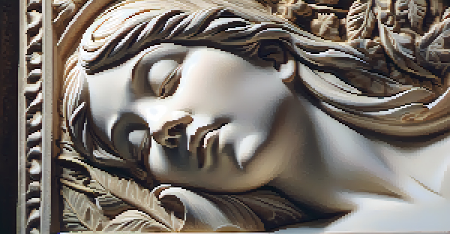 A close-up view of a Gothic carving of a saint, highlighting intricate details and naturalistic foliage in soft light.
