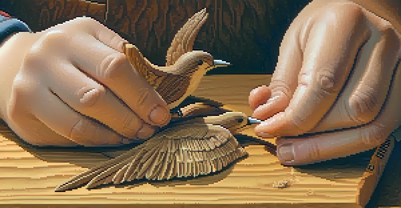A child with safety gloves carving a wooden bird, guided by a parent, highlighting the learning and safety involved.