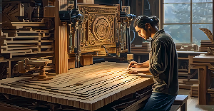 An artisan operating a CNC machine in a woodworking shop, with wooden carvings and tools around.