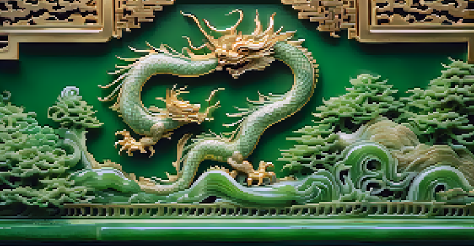 Close-up of intricate jade carvings featuring dragon and phoenix motifs, illuminated by soft light against a blurred traditional Chinese backdrop.